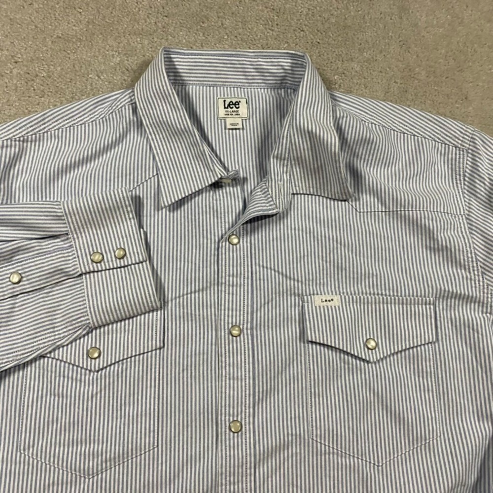 Lee for J.Crew Shirt Mens XXL Blue Western Oxford Pinstripe Pearl Snap Button